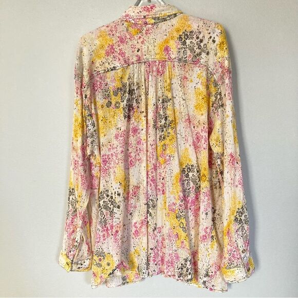 Pilcro Smocked Buttondown Shirt Size Large Oversized Relaxed Speckled Floral - Picture 8 of 13